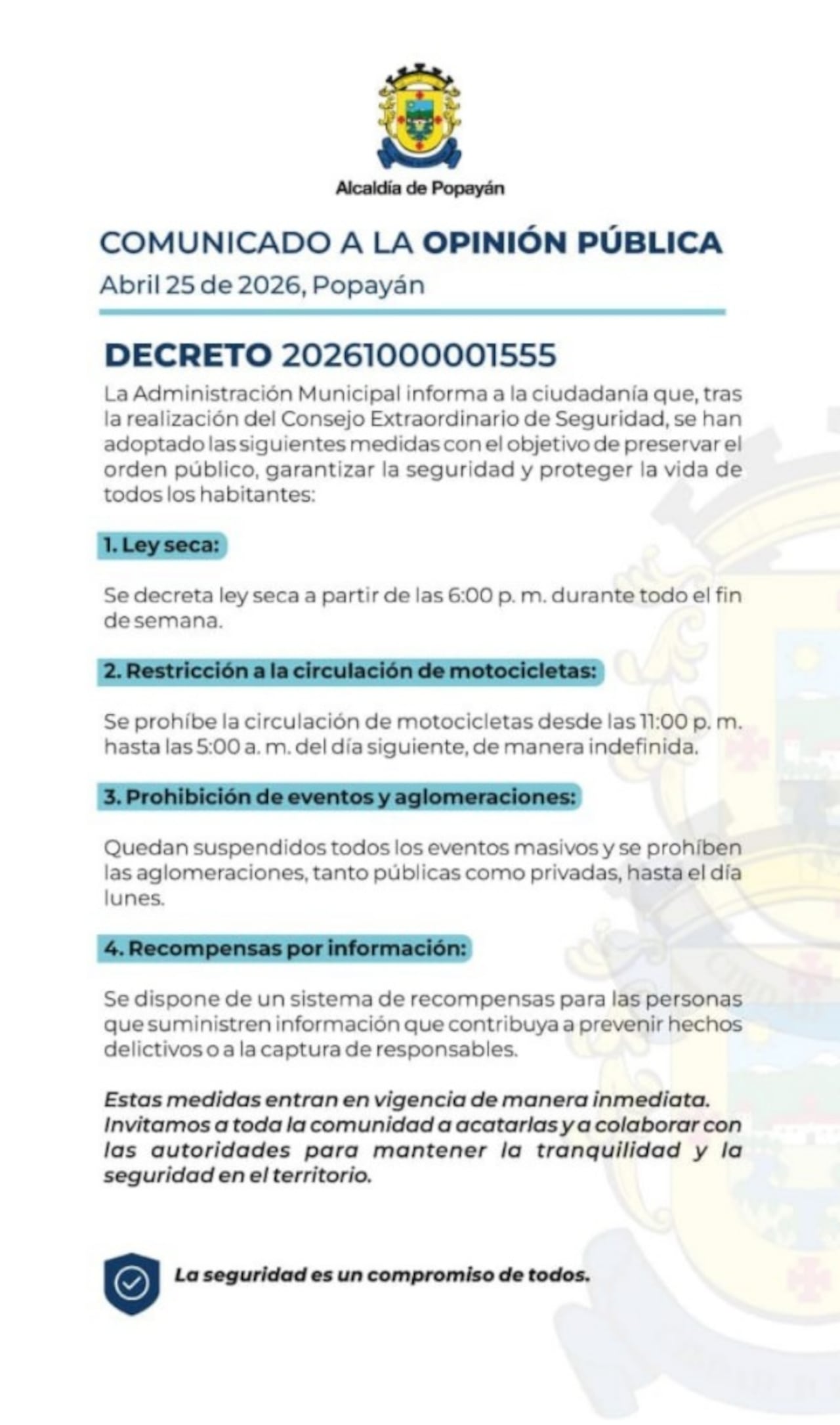 Popayán refuerza seguridad en el municipio