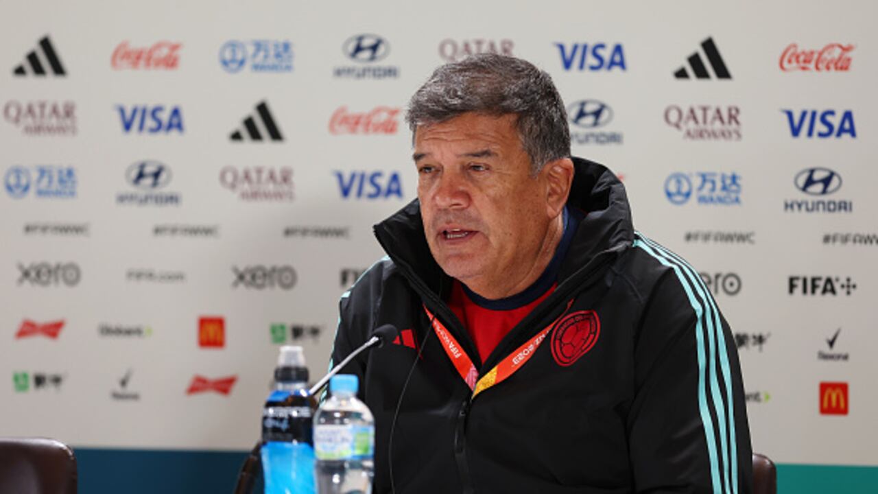 SYDNEY, AUSTRALIA - AUGUST 12: Nelson Abadia, Head Coach of Colombia, speaks to the media in the post match press conference after the FIFA Women's World Cup Australia & New Zealand 2023 Quarter Final match between England and Colombia at Stadium Australia on August 12, 2023 in Sydney / Gadigal, Australia. (Photo by Matt King - FIFA/FIFA via Getty Images)