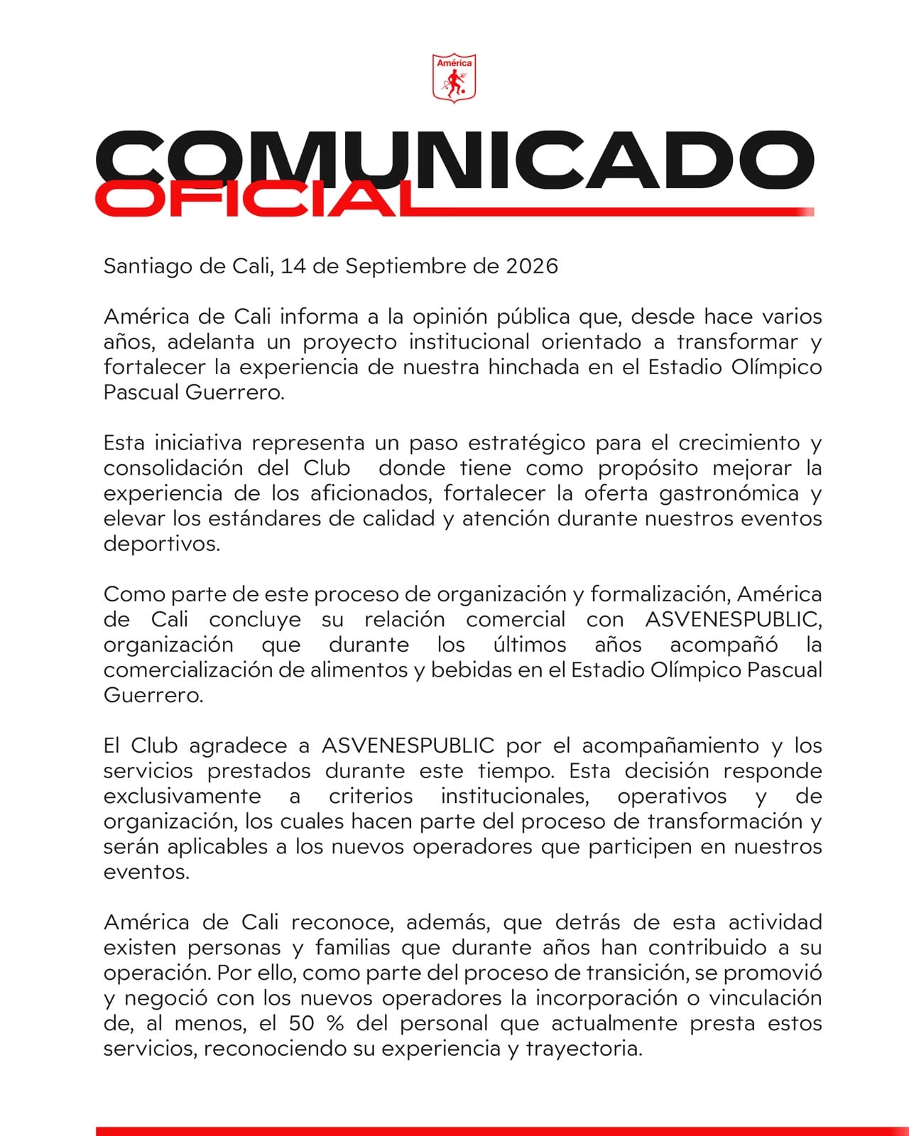 Comunicado América de Cali.