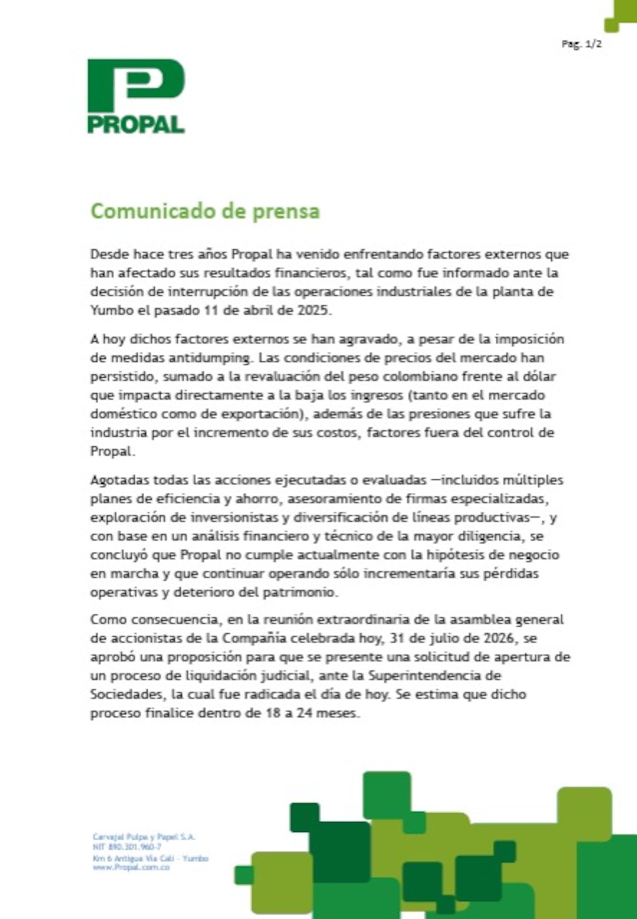Accionistas de Propal aprueban liquidación judicial tras el deterioro financiero de la compañía