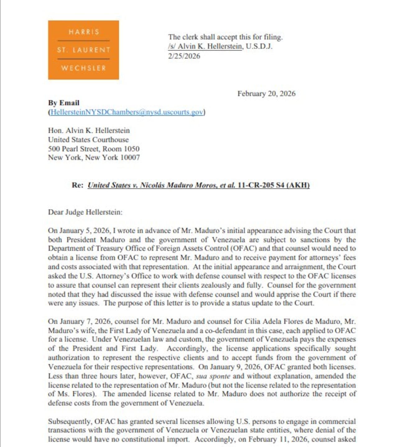 Barry Pollack, abogado principal de Nicolás Maduro, notificó ante el tribunal de Nueva York que el Departamento del Tesoro de Estados Unidos ha bloqueado una licencia para que el régimen de Venezuela pueda pagar su defensa.