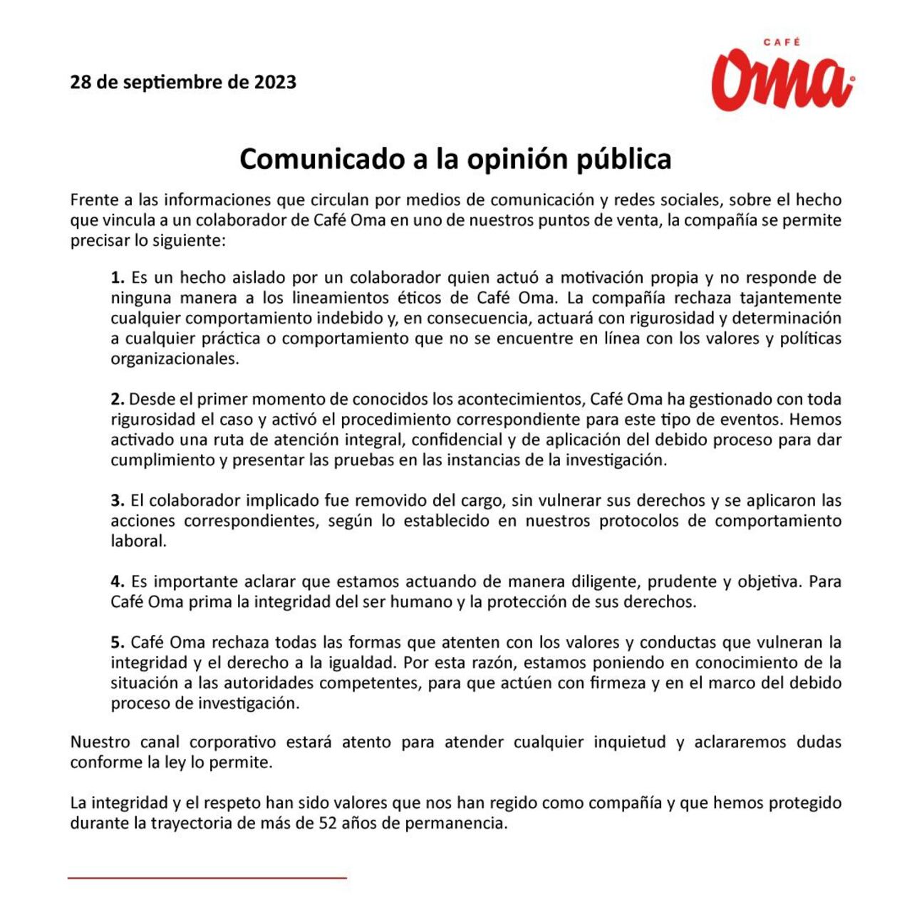 El Café Oma se pronunció a través de un comunicado a la opinión pública.