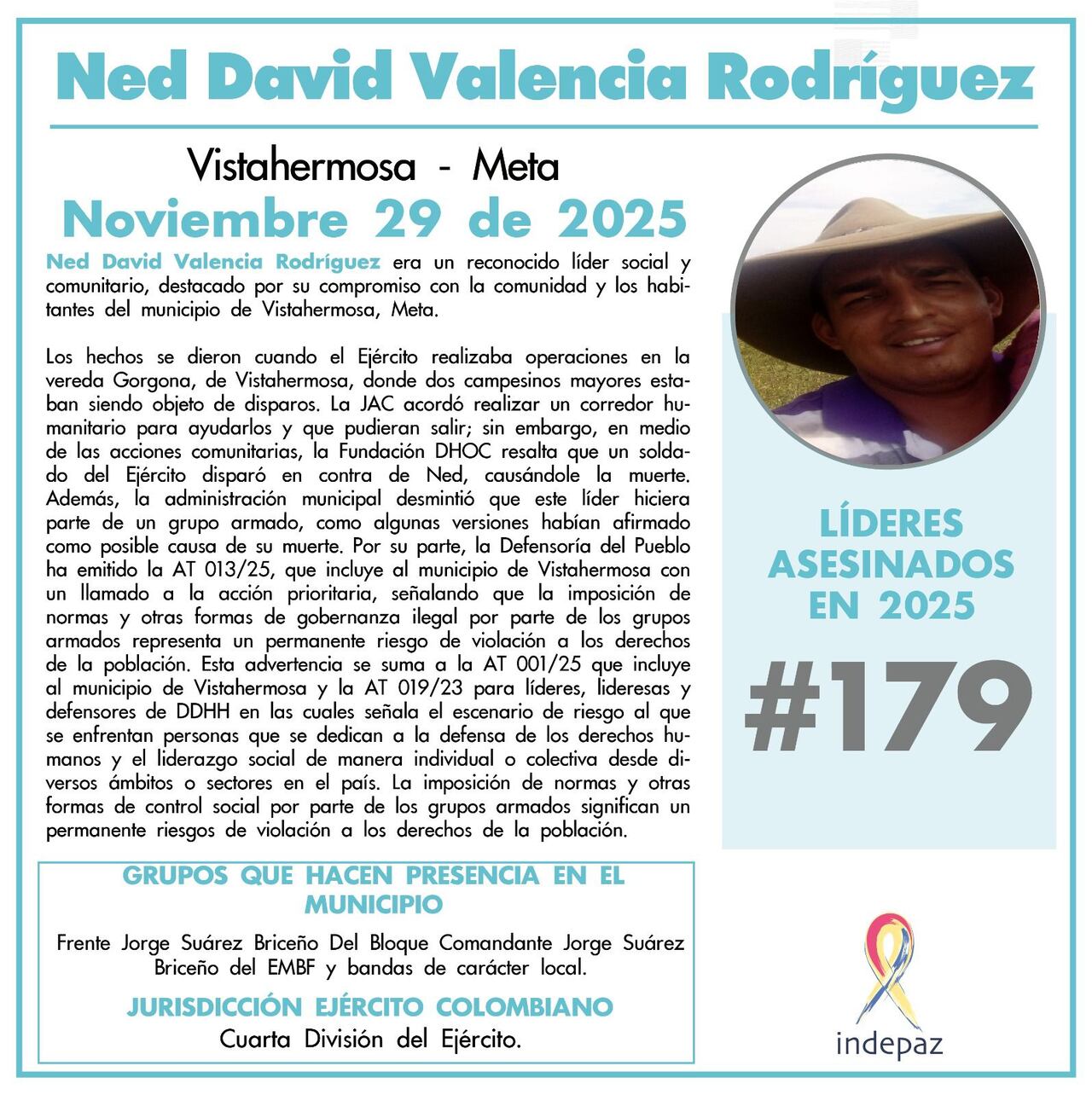 Los integrantes de Indepaz denunciaron este caso en sus redes sociales, alertando además del riesgo que enfrentan los líderes sociales por la guerra en varios departamentos del país.