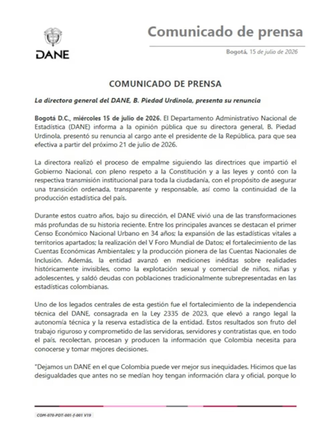 Comunicado oficial sobre la renuncia de Piedad Urdinola a la dirección del DANE