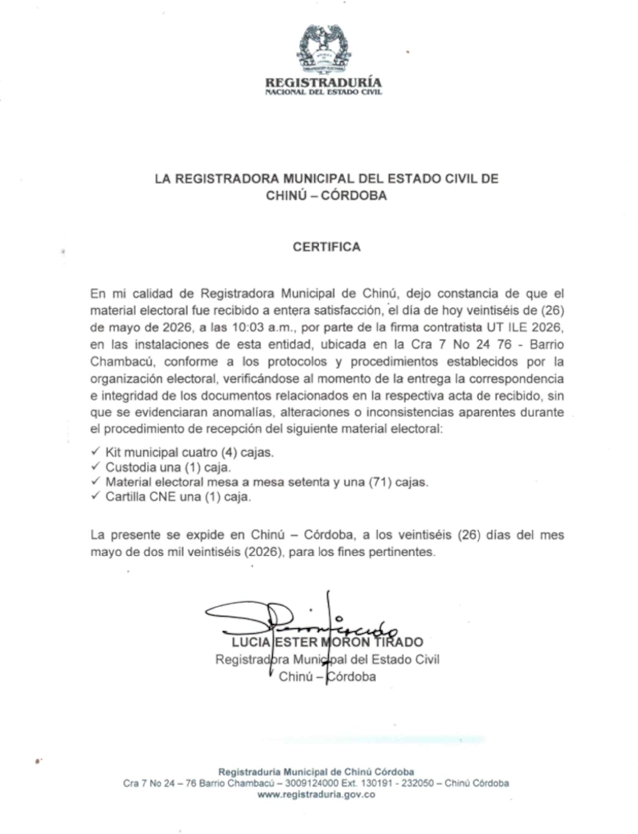 Registraduría Nacional responde ante advertencia de Petro sobre presuntas anomalías en proceso electoral en Chinú.