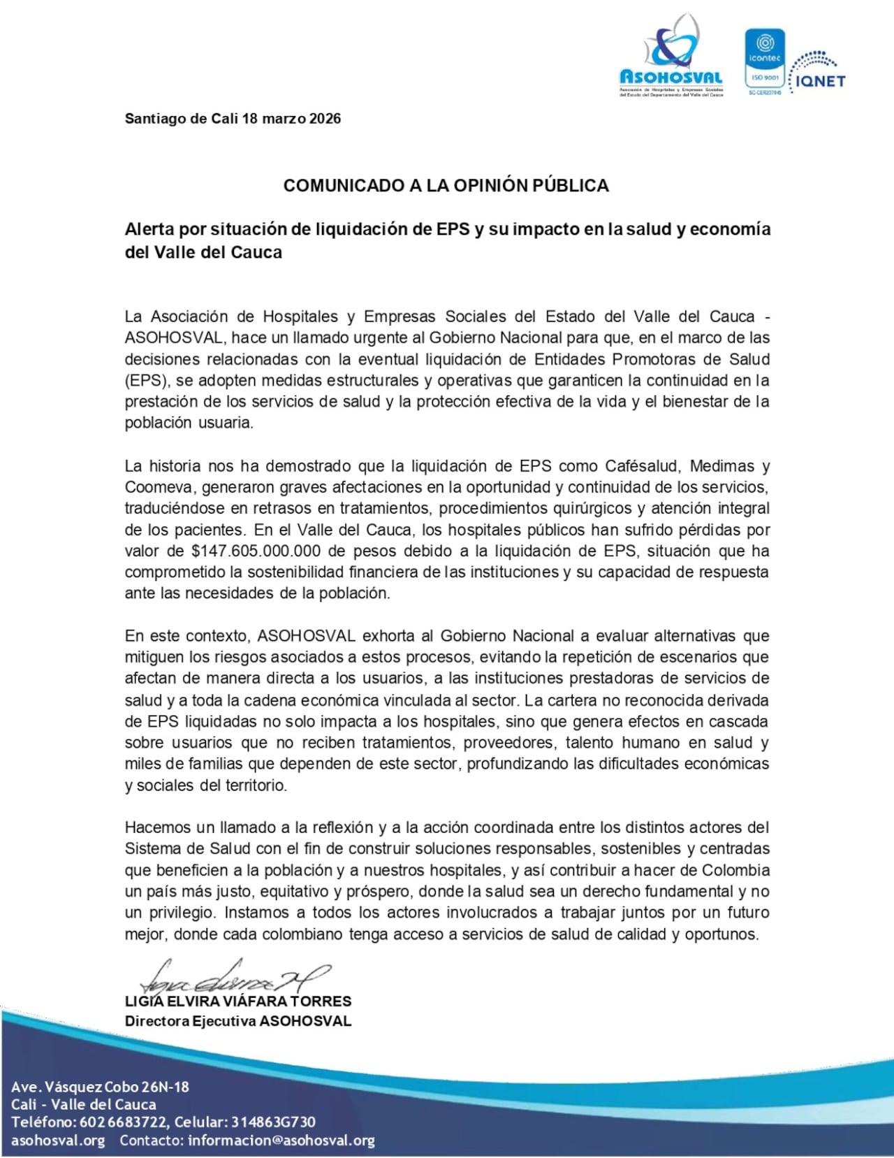 Este es el comunicado que fue emitido por Asohosval.