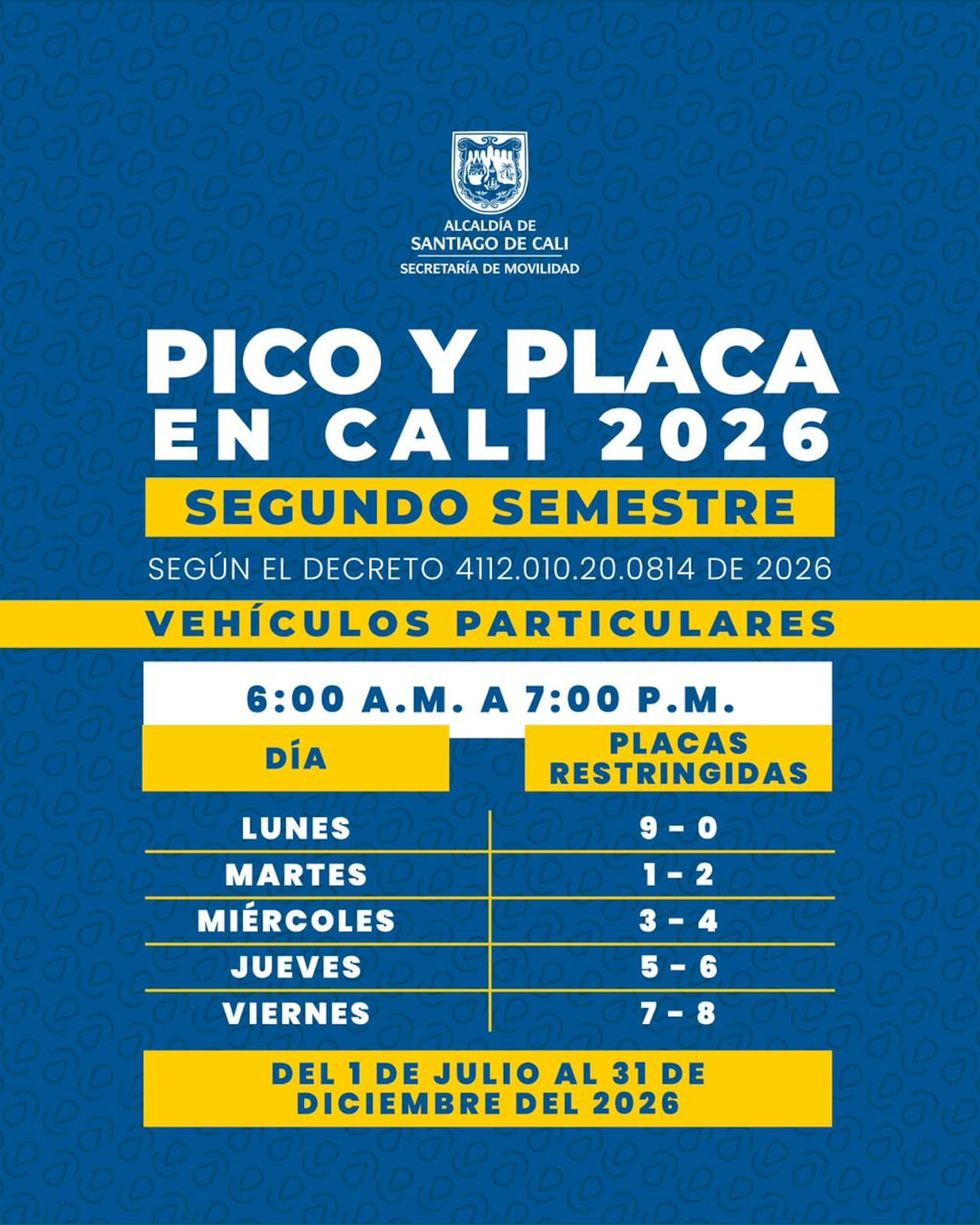 Este es el pico y placa en Cali para el segundo semestre del 2026.
