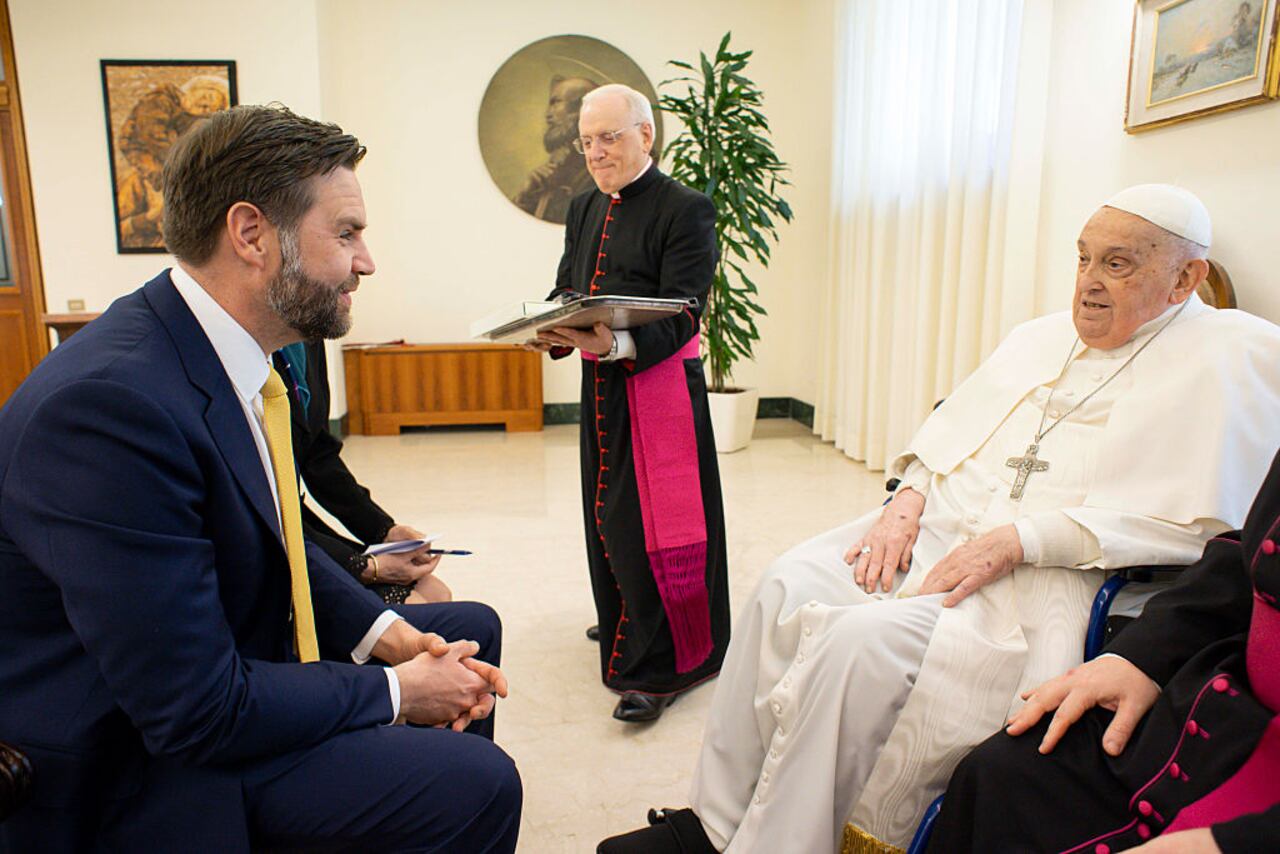 VATICAN CITY, VATICAN - APRIL 20: (EDITOR NOTE: STRICTLY EDITORIAL USE ONLY - NO MERCHANDISING). Pope Francis meets with U.S. Vice President JD Vance and delegation during an audience at Casa Santa Marta on April 20, 2025 in Vatican City, Vatican. (Photo by Vatican Media via Vatican Pool/Getty Images)
