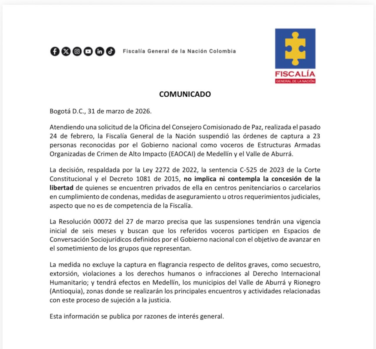 Fiscalía habló sobre la suspensión de las órdenes de captura de 23 cabecillas de bandas criminales.