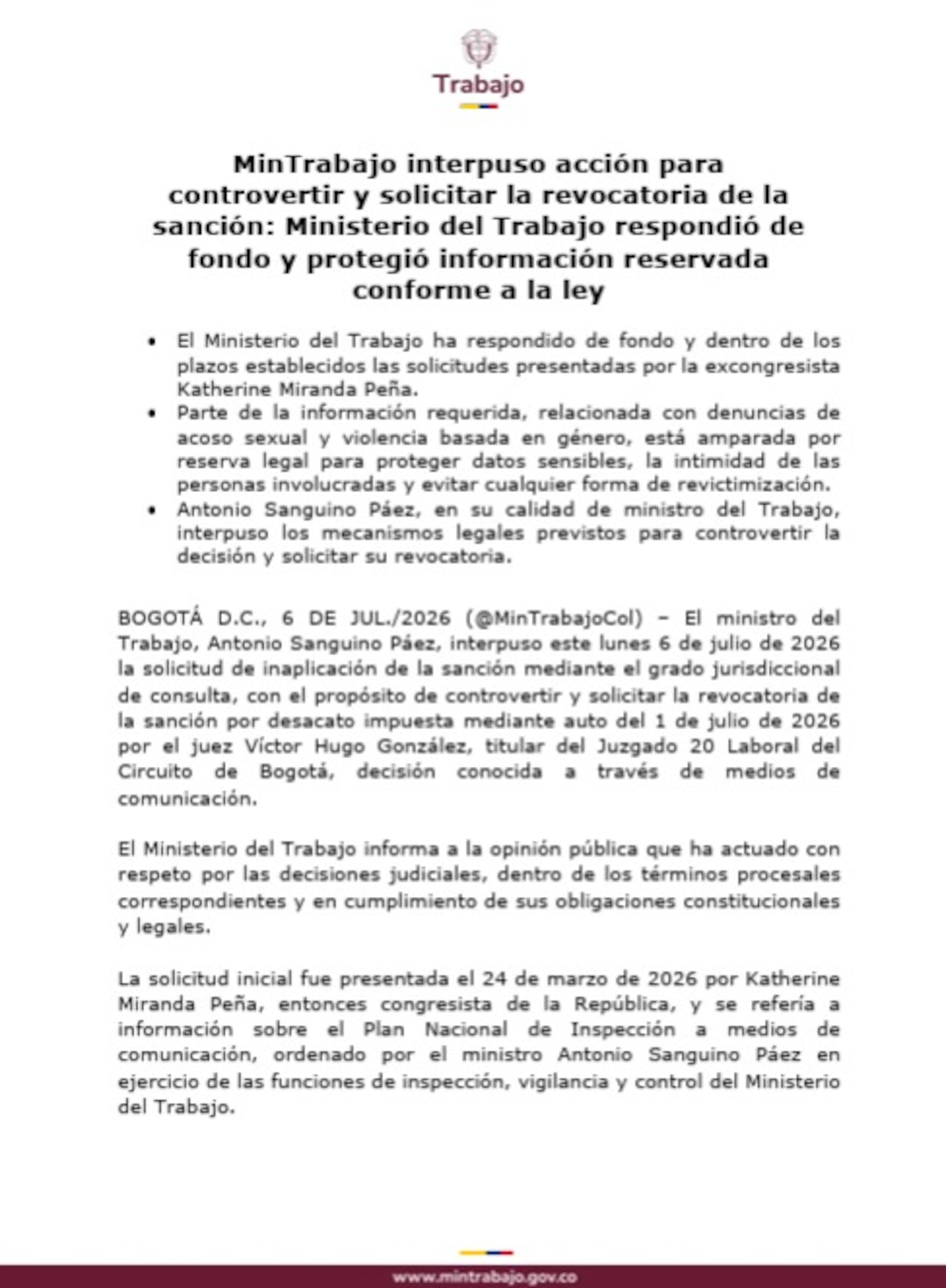 El ministro de Trabajo solicitó que se anule la sanción de desacato que le impuso el Juzgado 20 Laboral del Circuito de Bogotá por no cumplir con una tutela.