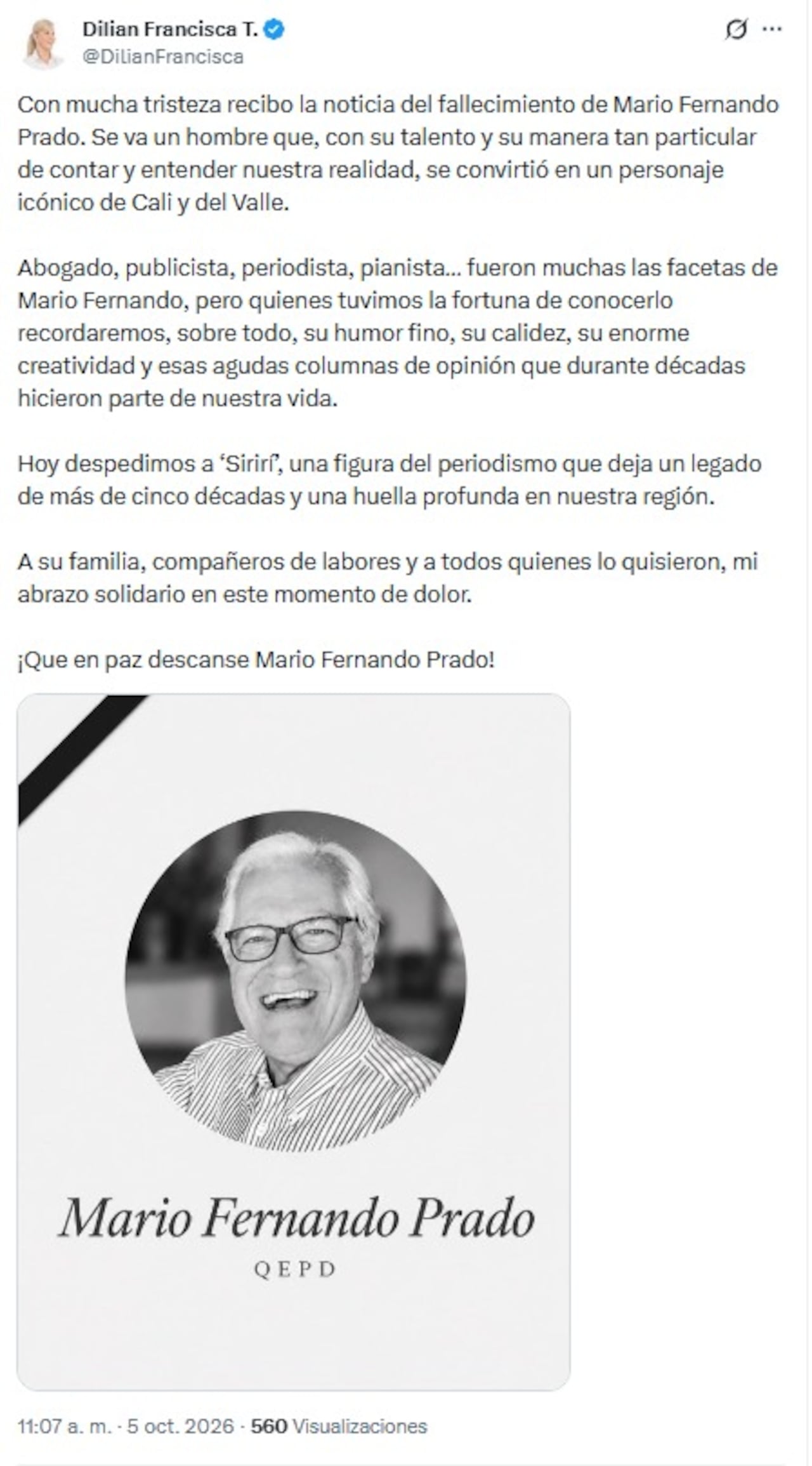 Gobernadora del Valle despide a Mario Fernando Prado.