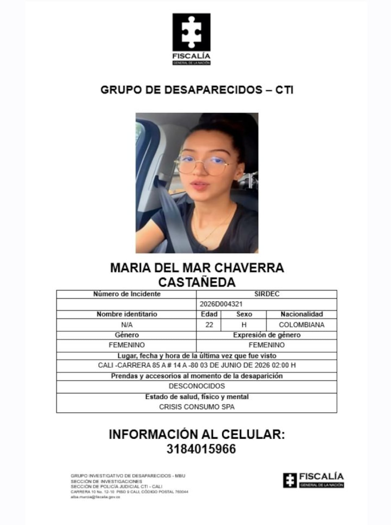 María del Mar desapareció la madrugada del 2 de junio en el barrio El Ingenio. Tiene el cabello castaño rizado, una pequeña herida en el pulgar de la mano.