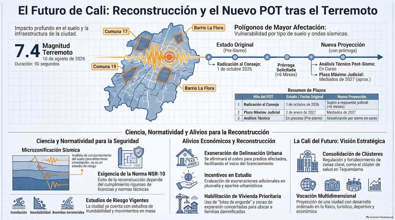 El esquema ilustra cómo se articularán la microzonificación sísmica del suelo y la estricta vigilancia de la norma NSR-10 en las comunas afectadas del norte y sur para blindar la infraestructura futura.