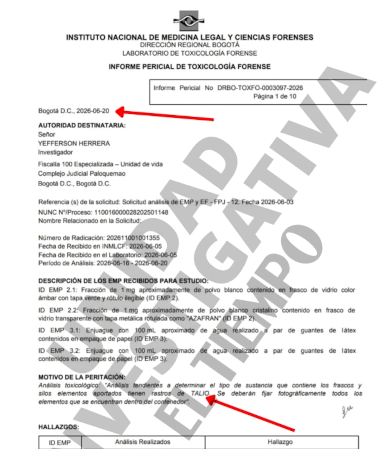 Dictamen de Medicina Legal revela hallazgo de talio en elementos encontrados en casillero de Zulma Guzmán.
