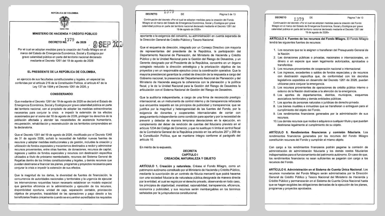 Imagen del Decreto 1379 de 2026 queformalizó la creación del Fondo Milagro para canalizar recursos destinados a la atención de la emergencia.