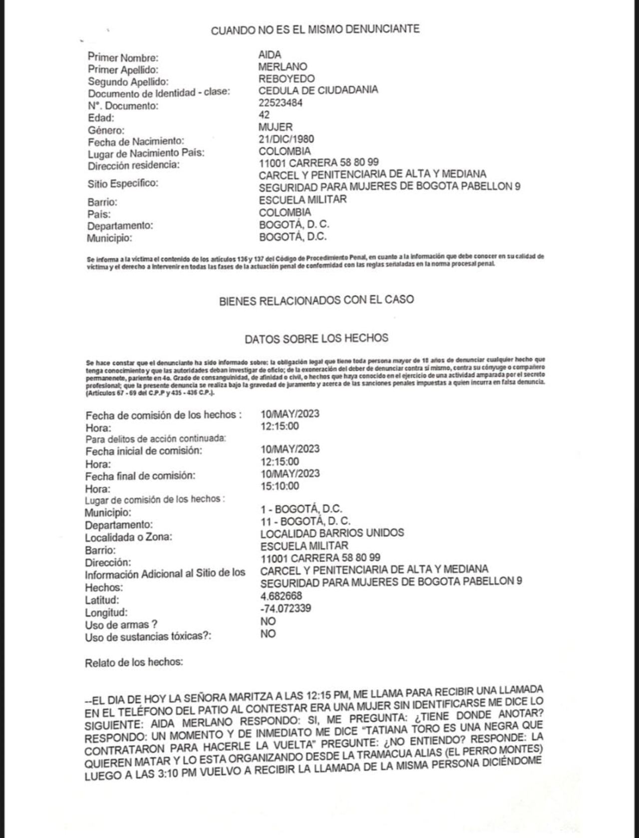 Este es el documento de la denuncia de Aida Merlano, ante la Fiscalía, por el presunto atentado que planean en su contra.