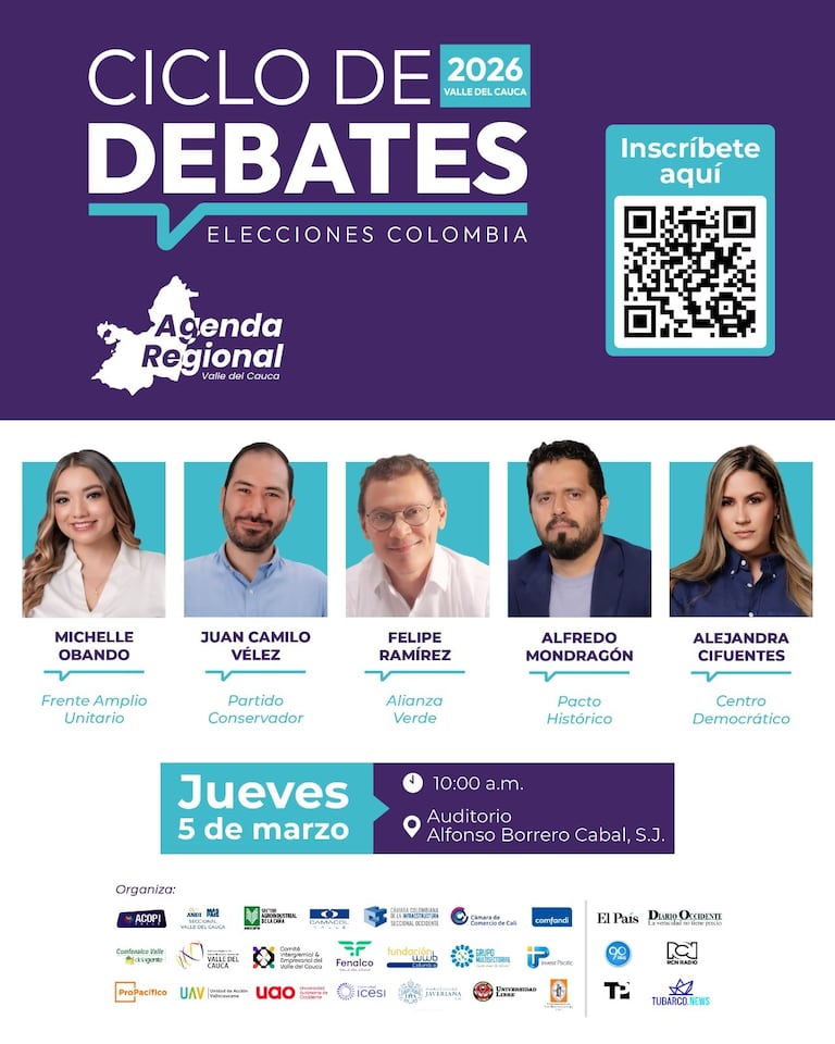 Candidatos al Congreso de diferentes partidos participarán en el quinto debate del Ciclo Elecciones Colombia 2026, organizado por la Agenda Regional Valle del Cauca y la Pontificia Universidad Javeriana Cali.