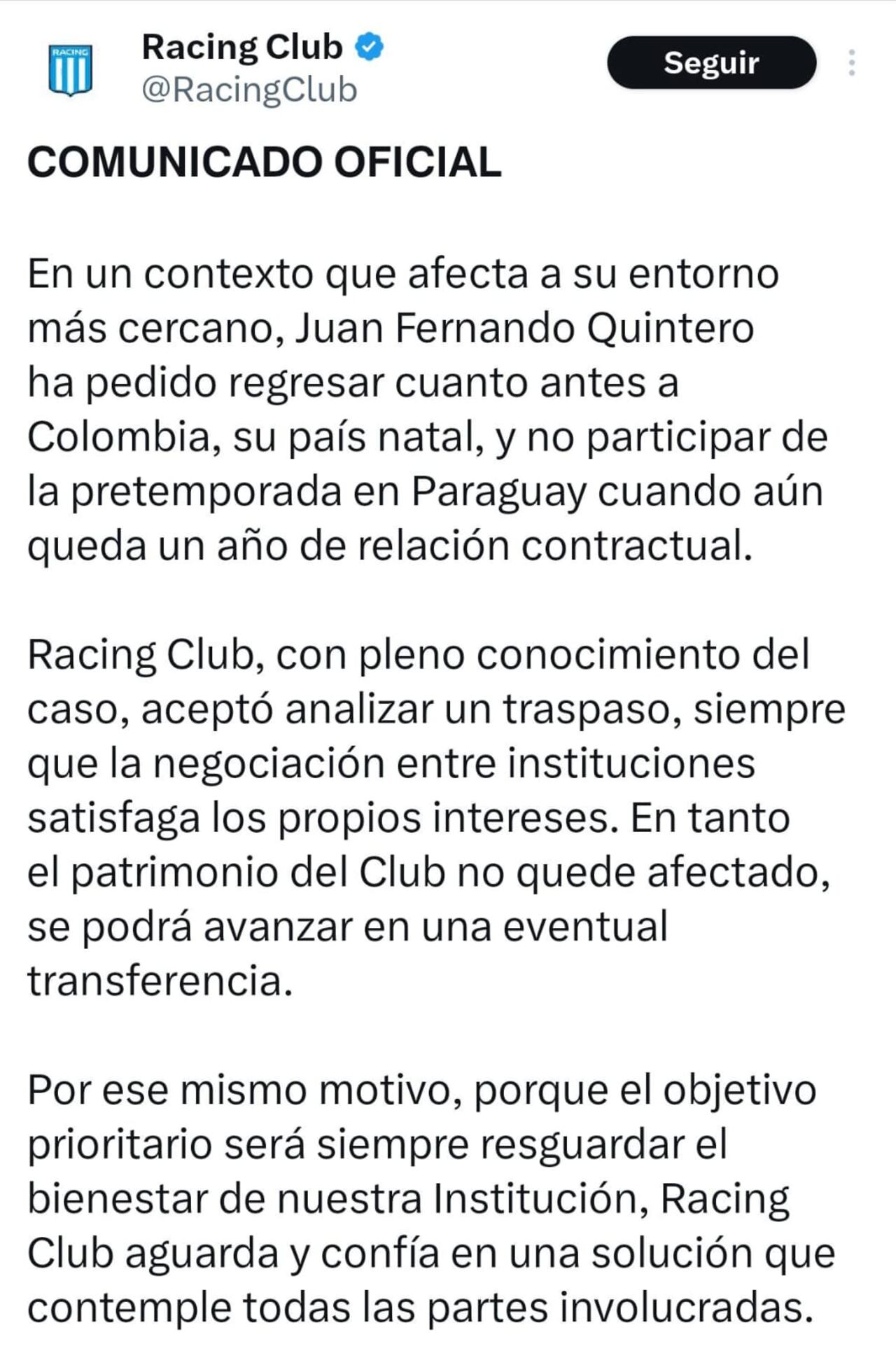 Este fue el comunicado emitido por el Racing.
