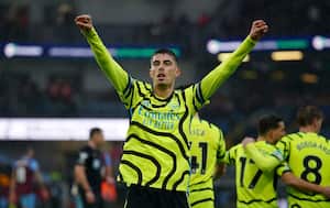 Arsenal's Kai Havertz celebrates scoring his side's fifth goal of the game , during the English Premier League soccer match between Burnley and Arsenal, at Turf Moor, in Burnley, England, Saturday, Feb. 17, 2024. (Peter Byrne/PA via AP)