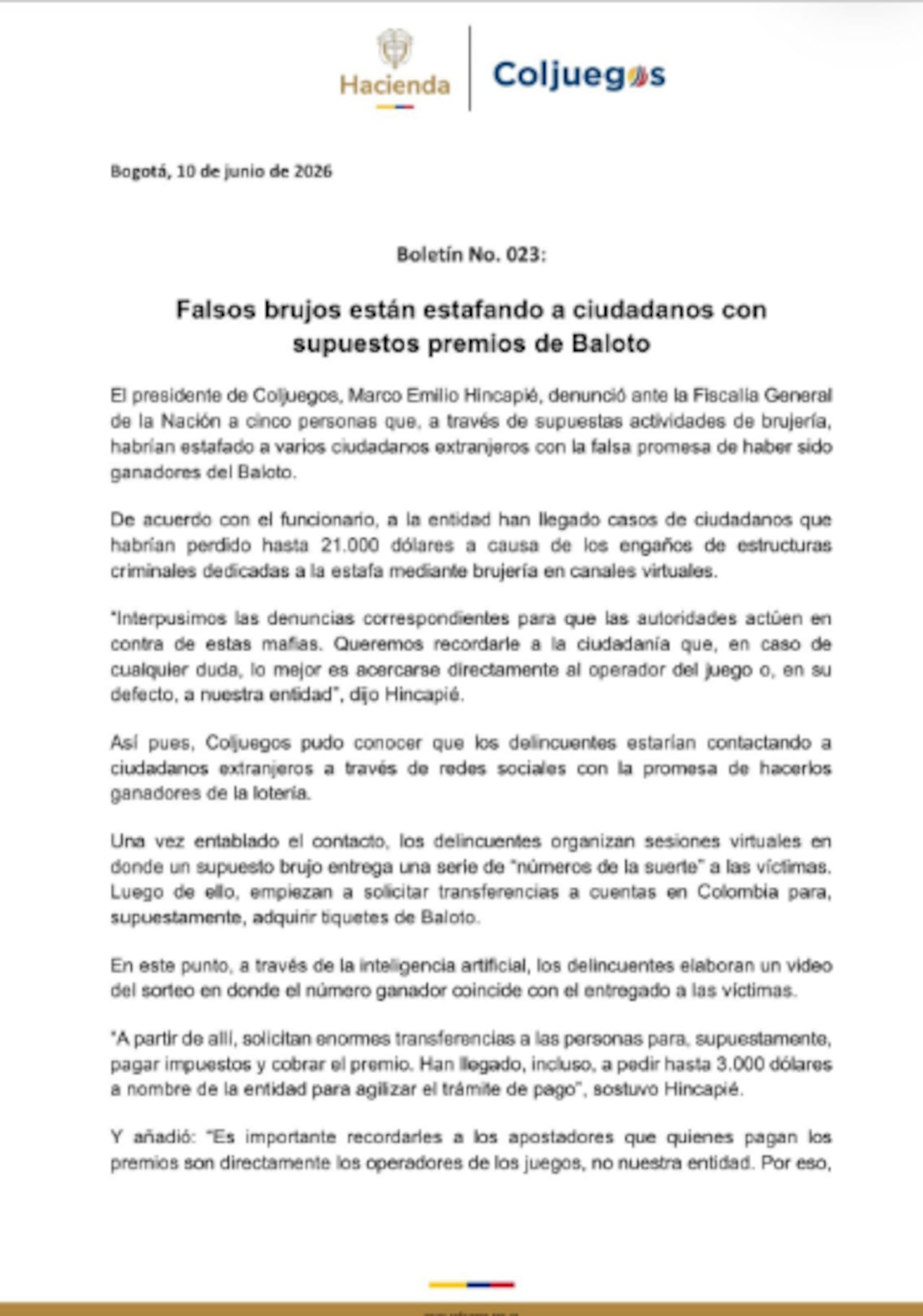 Coljuegos denuncia red de estafadores ante la Fiscalía.