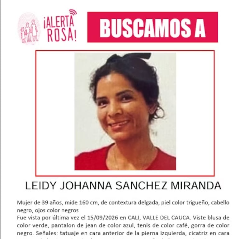 Leydi Johanna Sánchez Miranda, de 39 años, es buscada desde el 15 de septiembre tras ser vista por última vez en el barrio San Judas de Cali.
