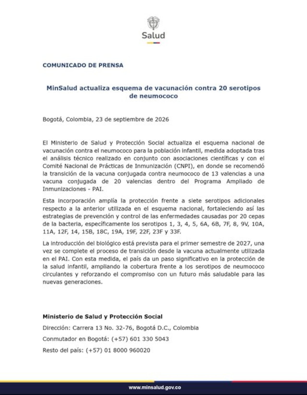 El Ministerio de Salud y Protección Social, a través del Programa Ampliado de Inmunizaciones (PAI) actualiza el esquema nacional de vacunación contra el neumococo