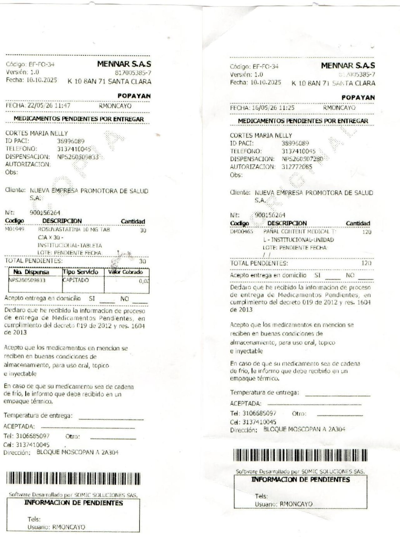 Estos son los documentos donde quedó constancia que los medicamentos para María Nelly Cortés quedaron comp pendientes por entregar por parte del dispensario médico.