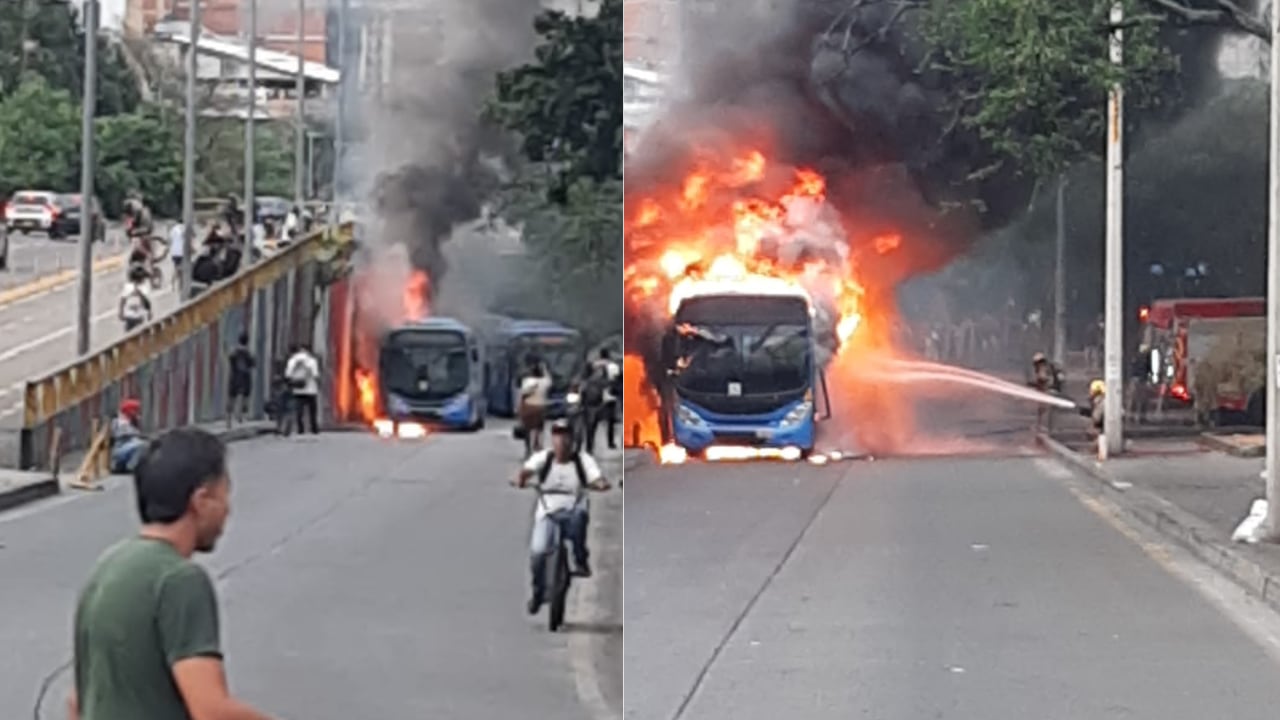 Un bus del sistema MIO fue consumido por las llamas en la Carrera 1a con Calle 13; organismos de socorro atendieron la emergencia en el lugar.
