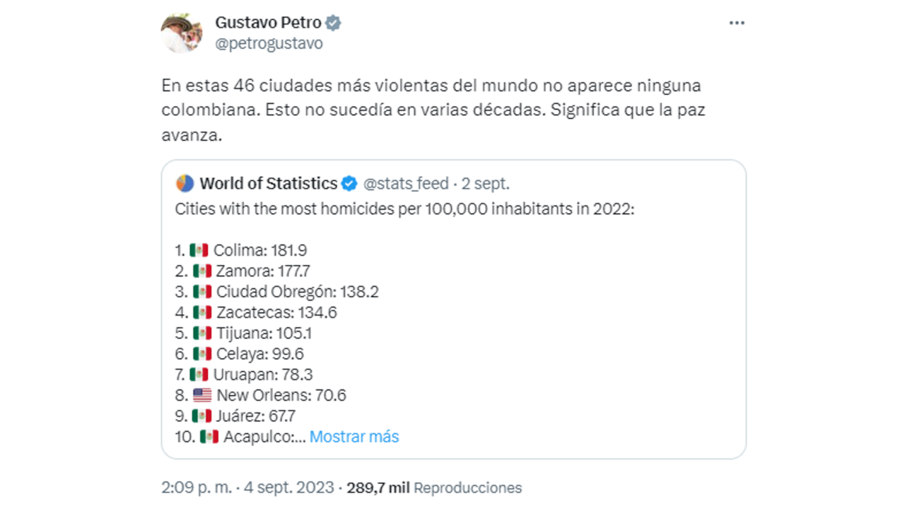 Publicación en X de Gustavo Petro.