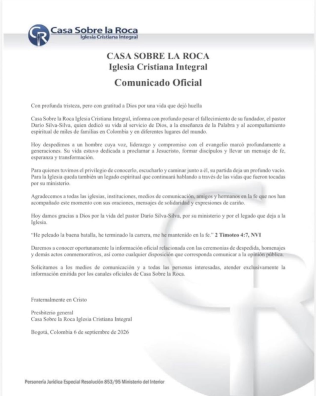 Comunicado oficial de Casa Sobre la Roca