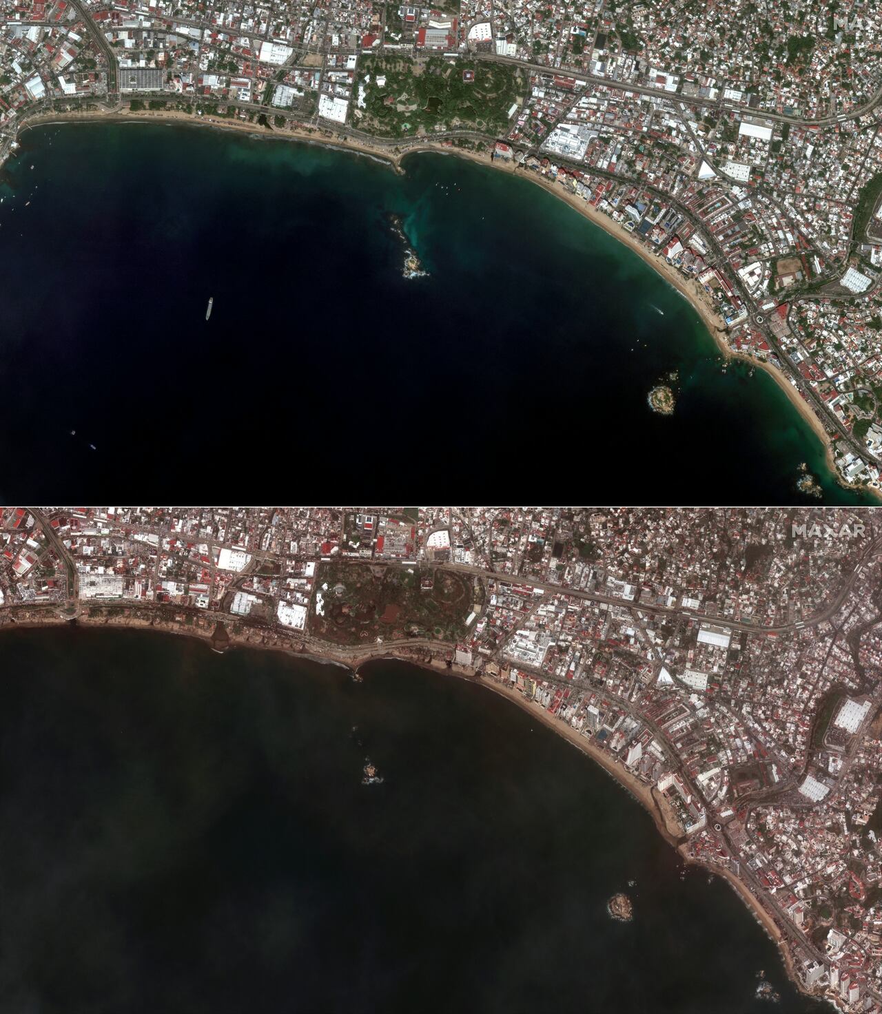 Esta combinación de imágenes creadas el 26 de octubre de 2023 muestra (arriba) esta imagen satelital cortesía de Maxar Technolgies que muestra el Estadio Arena GNP Seguros en Acapulco, estado de Guerrero, México, el 4 de octubre de 2023, antes del huracán Otis, y (abajo ) esta imagen satelital cortesía de Maxar Technolgies muestra el estadio Arena GNP Seguros en Acapulco, estado de Guerrero, México, el 26 de octubre de 2023, después del huracán Otis.