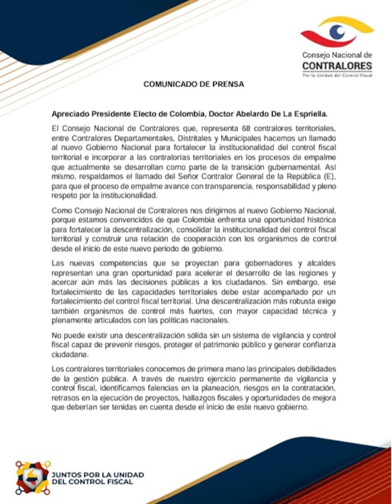 Contralores del país hacen llamado al presidente electo Abelardo de la Espriella para reforzar la vigilancia de los recursos públicos