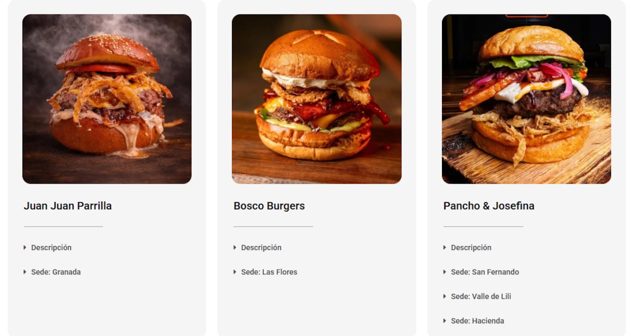 Participantes en Cali: Juan Juan Parrilla y Bosco Burgers. A estos se suman Pancho & Josefina.