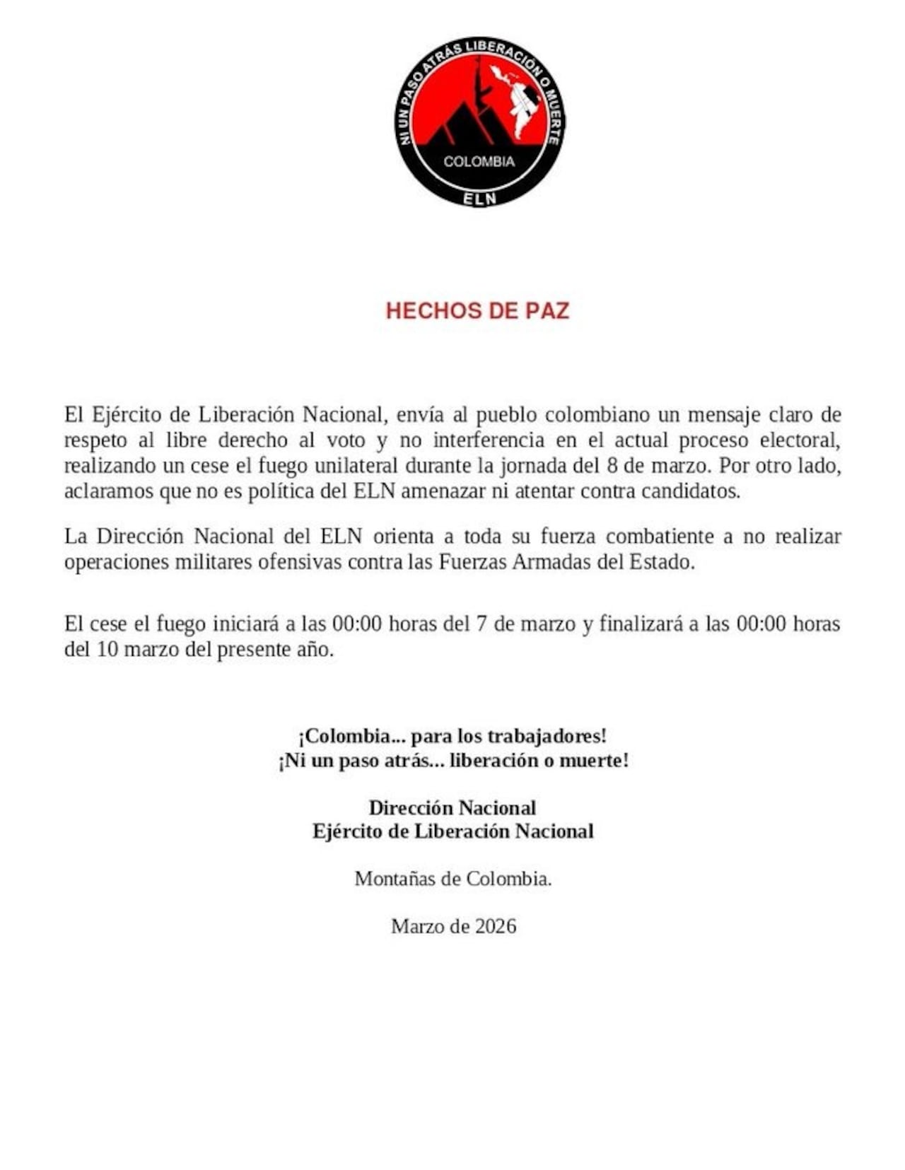 Comunicado oficial ELN