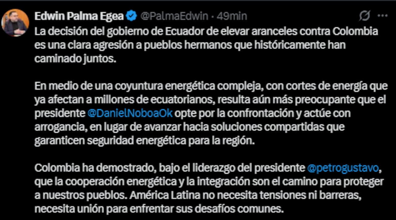 A las críticas se sumó el ministro de Minas y Energía, Edwin Palma Egea.