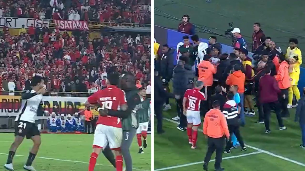 Pelea al final del partido entre Santa Fe y Corinthians por Copa Libertadores.