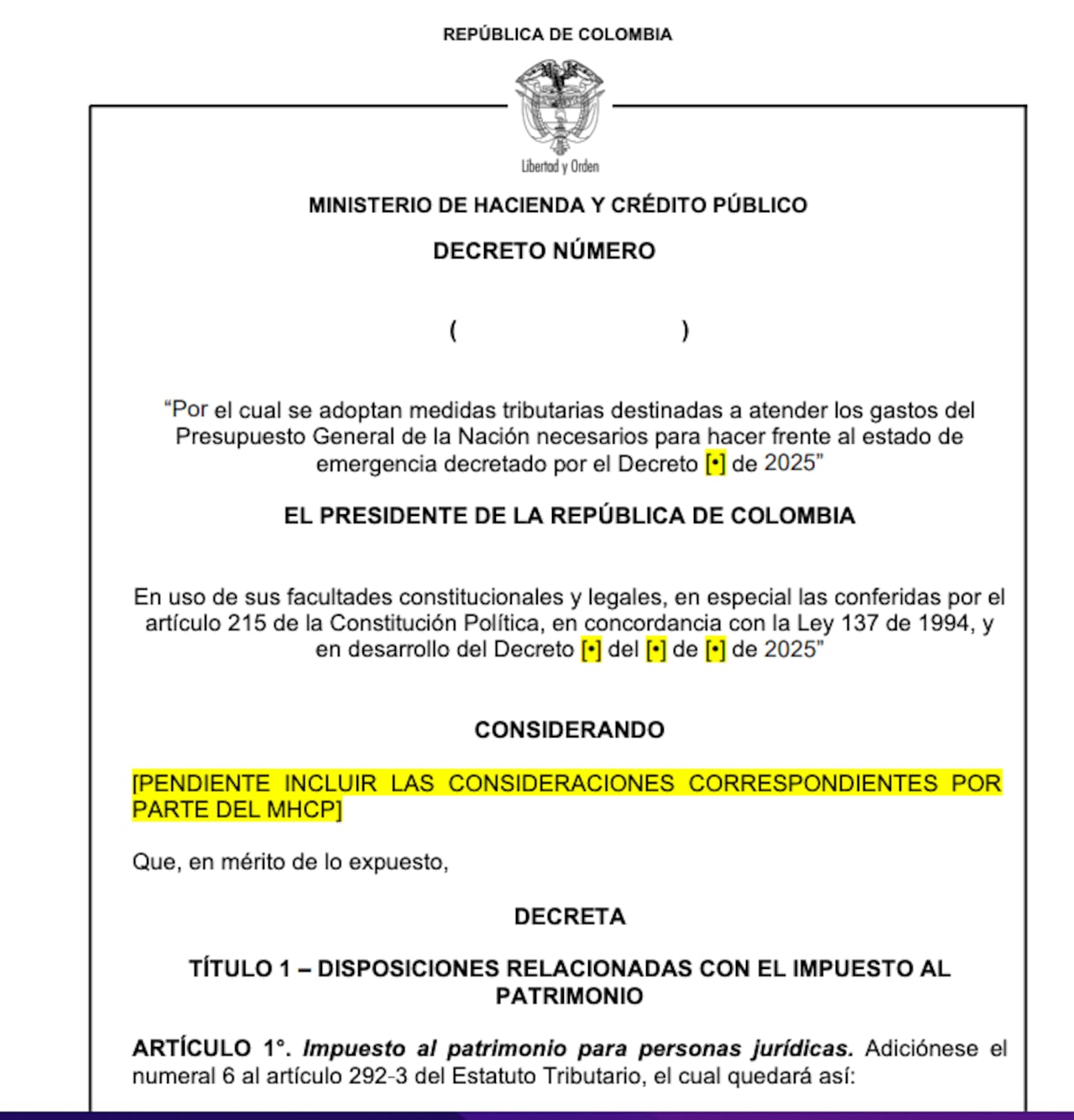 Borrador de medidas por emergencia económica