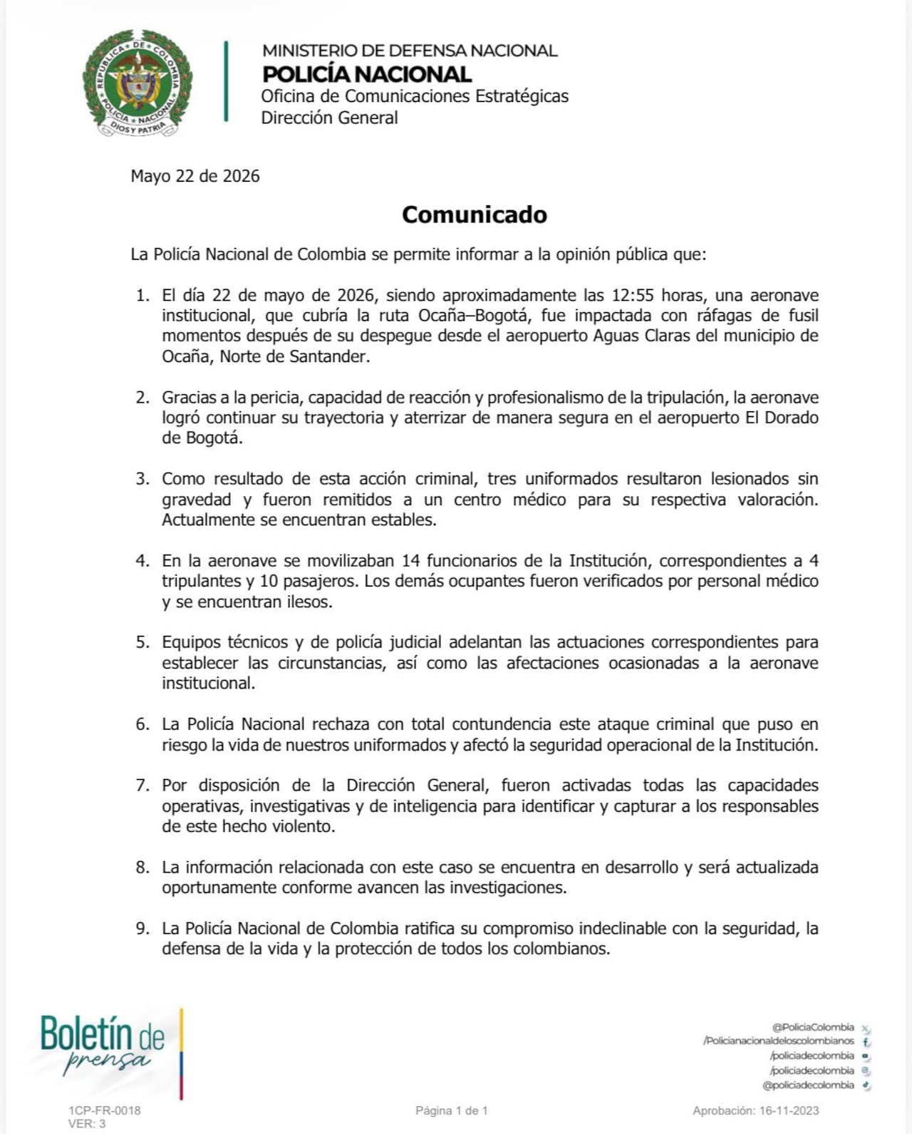 La Policía Nacional de Colombia ofrece recompensa para identificar y capturar a los responsables del ataque contra una aeronave institucional en Ocaña, Norte de Santander.