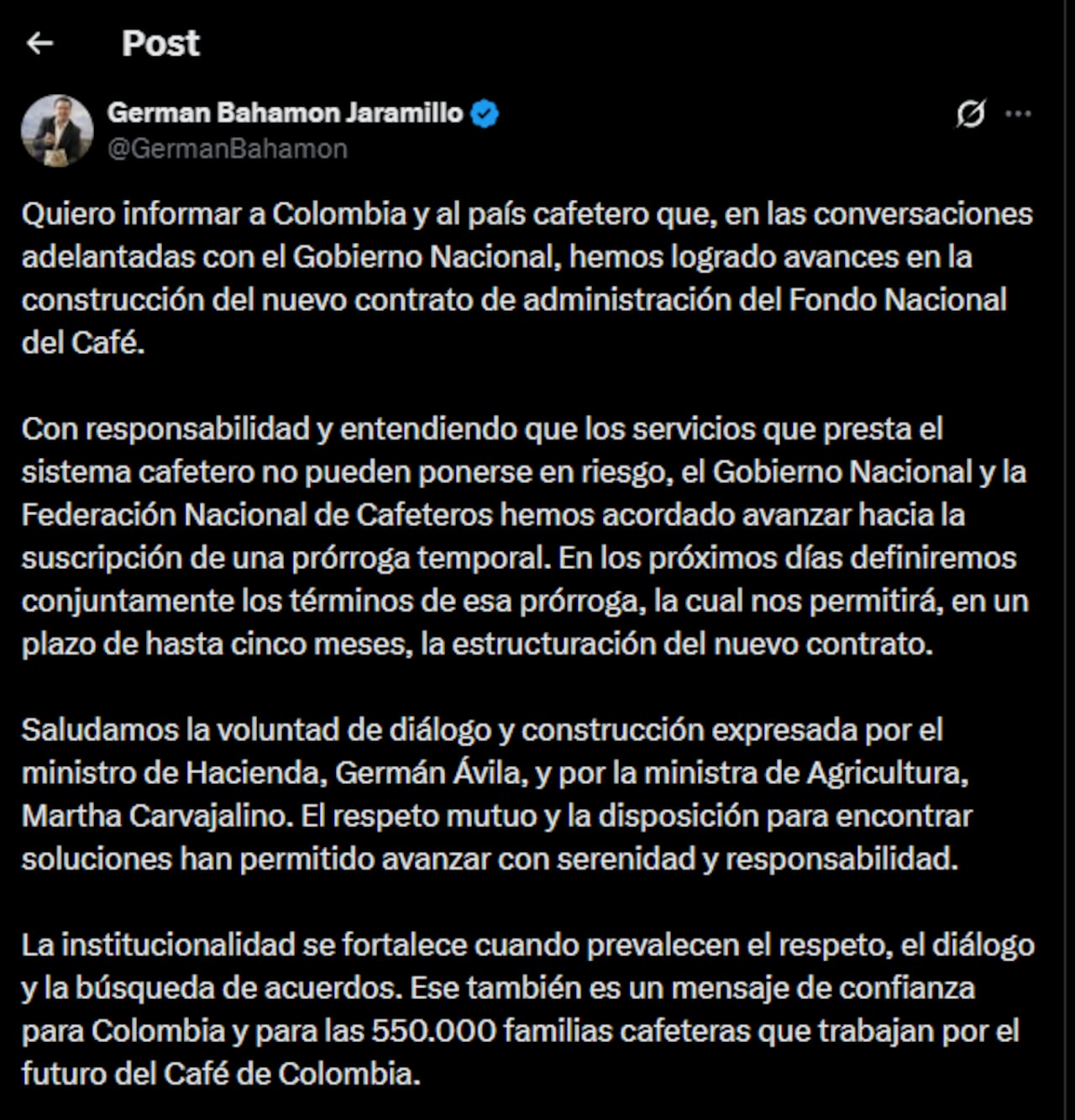 German Bahamon Jaramillo, gerente general de la Federación Nacional de Cafeteros, ratificó el avance.