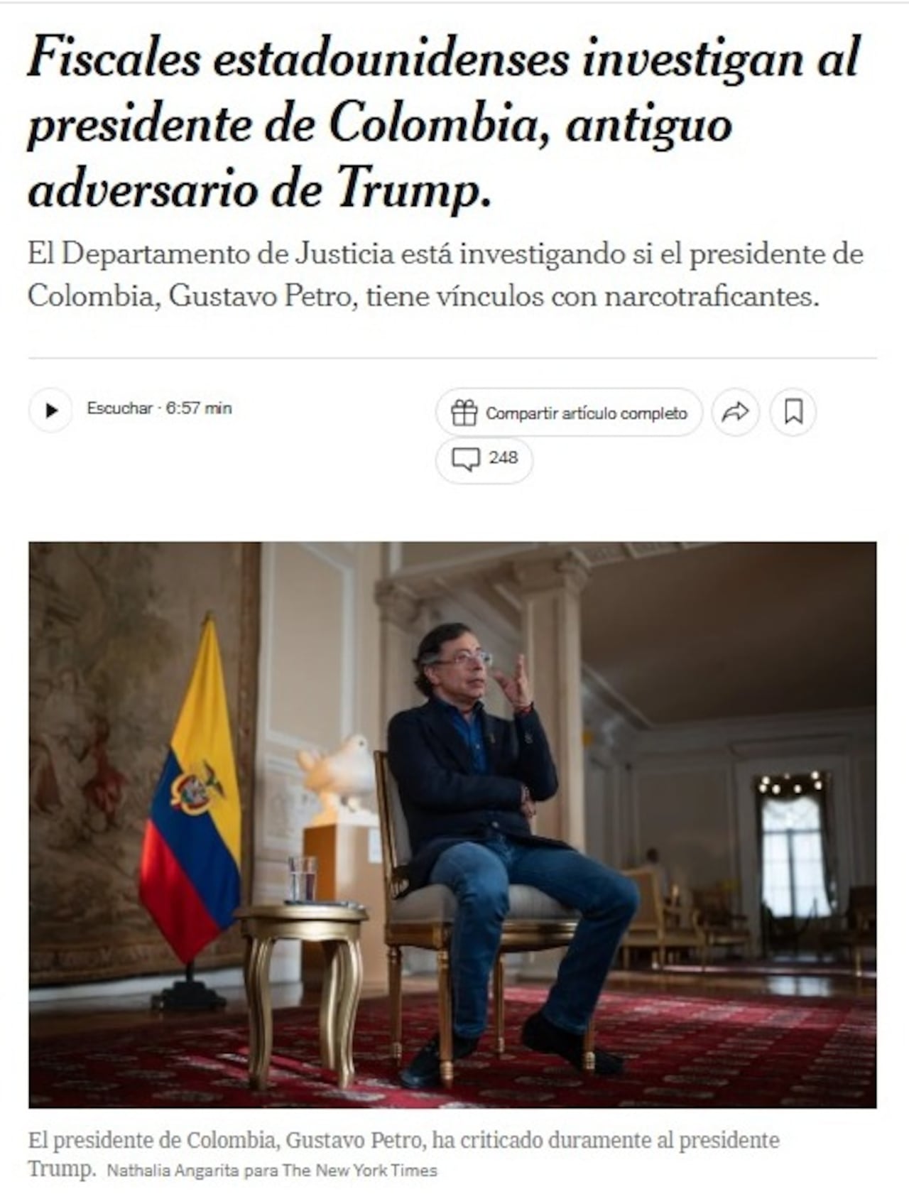 Este es el titular de The New York Times frente a las presuntas investigaciones contra el presidente Gustavo Petro.