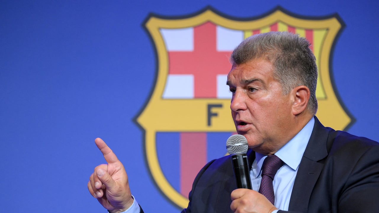 Barcelona's President Joan Laporta addresses a press conference at the Camp Nou stadium in Barcelona on April 17, 2023. - Barcelona have never "done anything" to "obtain some type of sporting advantage," the club's president Joan Laporta said amid investigations into payments made to a former refereeing chief. Laporta told that the allegations of wrongdoing were part of a "smear campaign" against the Catalan side who are currently top of La Liga. (Photo by LLUIS GENE / AFP)