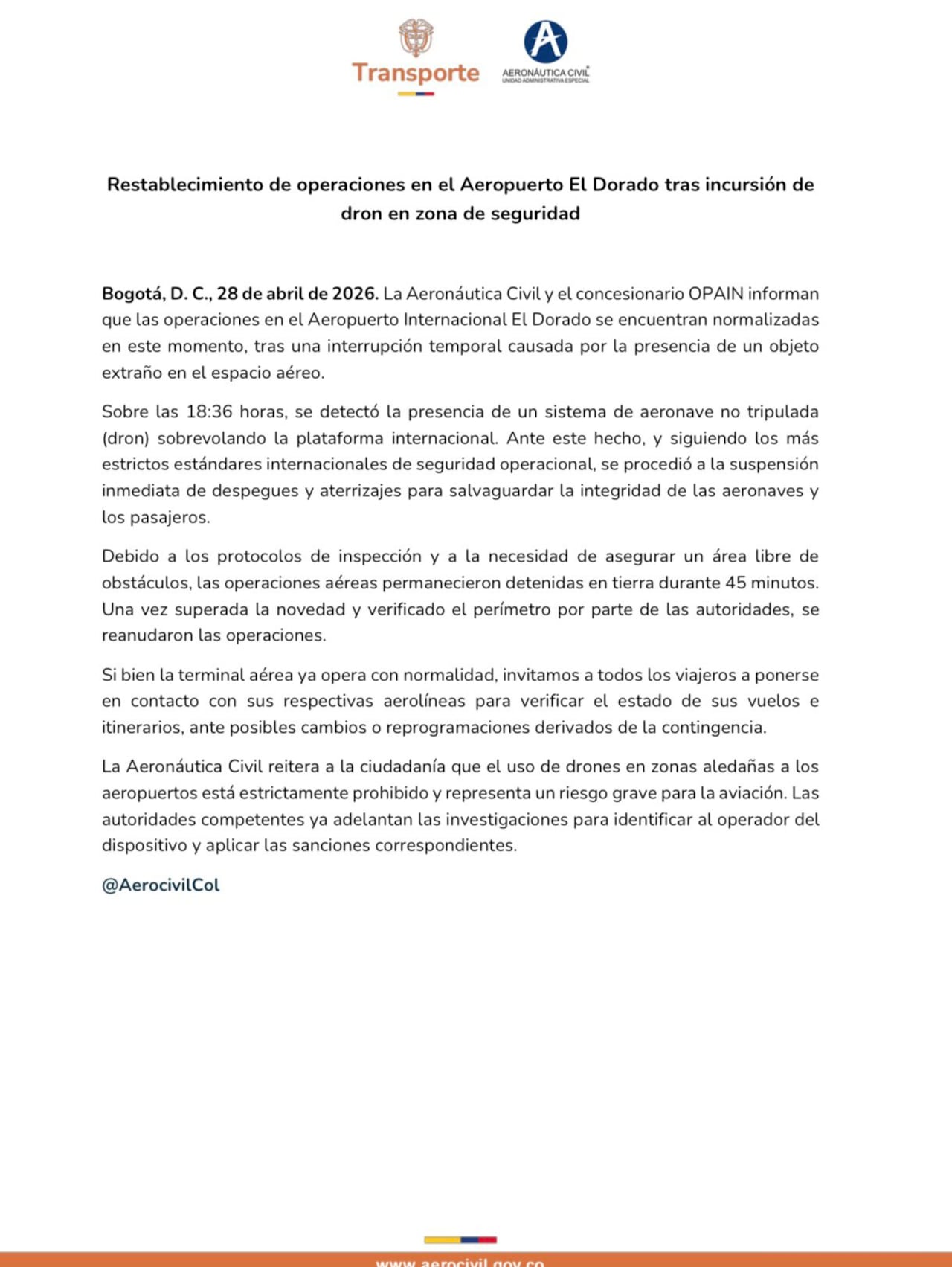 Comunicado oficial de la aeronáutica civil.