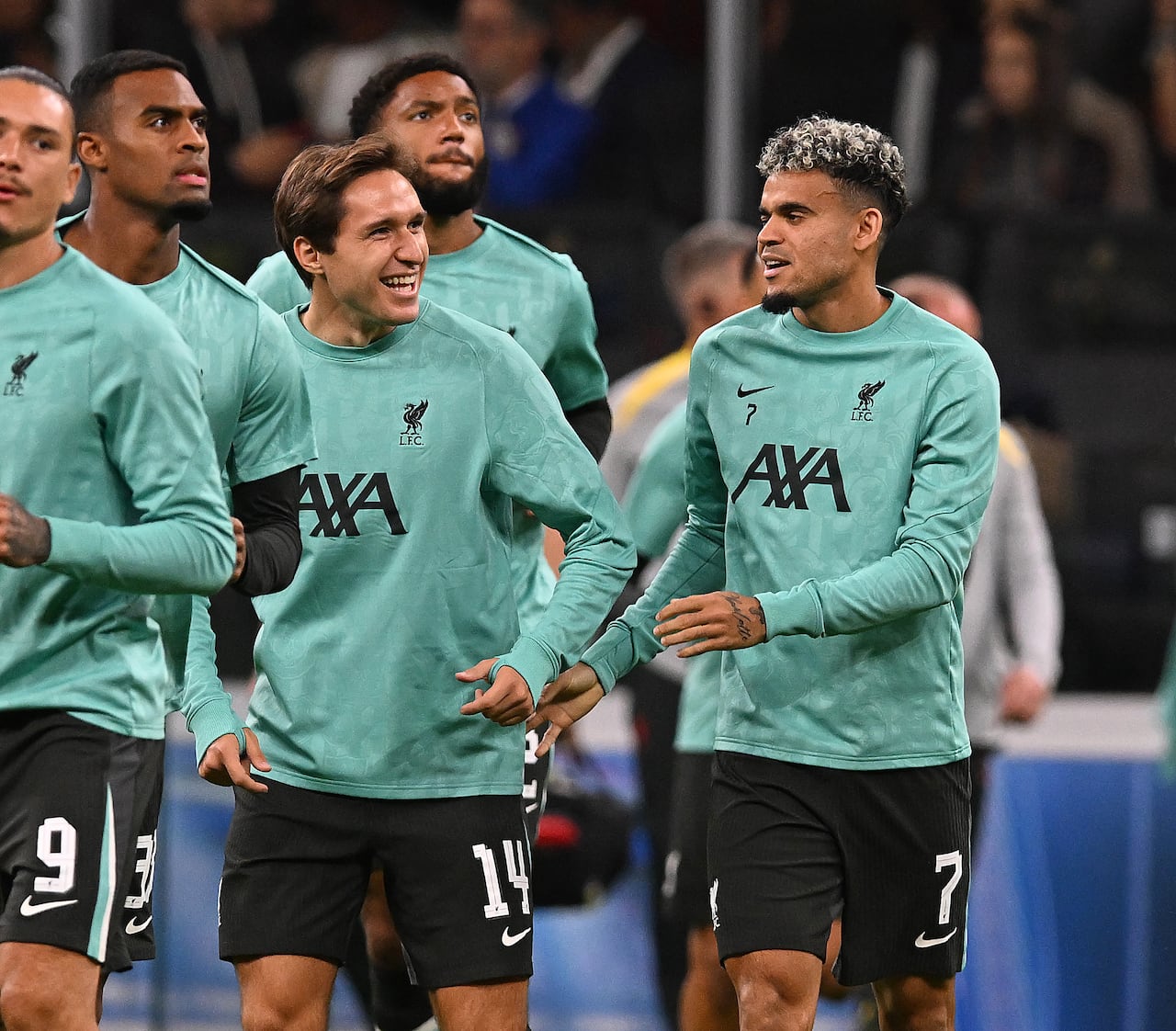 MILAN, ITALY - SEPTEMBER 17: (THE SUN OUT, THE SUN ON SUNDAY OUT) Federico Chiesa of Liverpool with Luis Diaz of Liverpool the UEFA Champions League 2024/25 League Phase MD1 match between AC Milan and Liverpool FC at Stadio San Siro on September 17, 2024 in Milan, Italy. (Photo by John Powell/Liverpool FC via Getty Images)