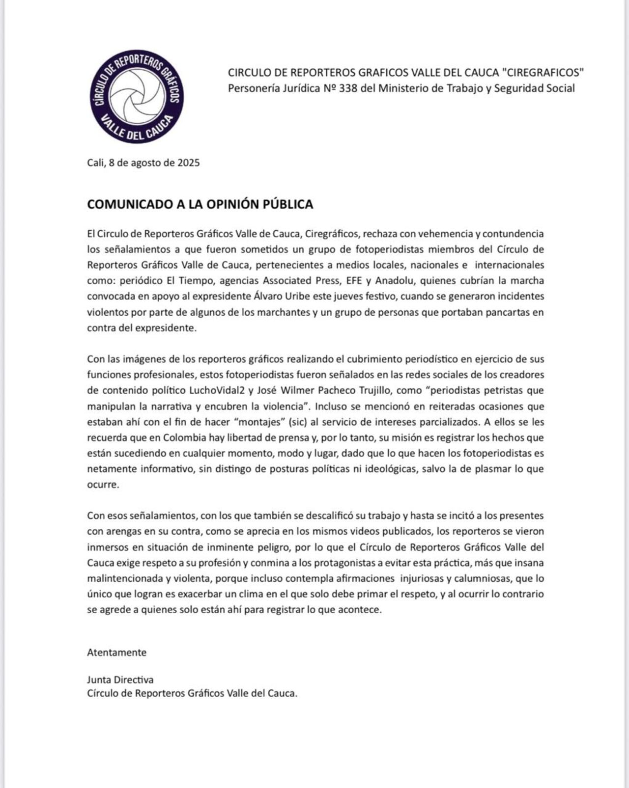Este es el comunicado que emitió la entidad frente al caso.
