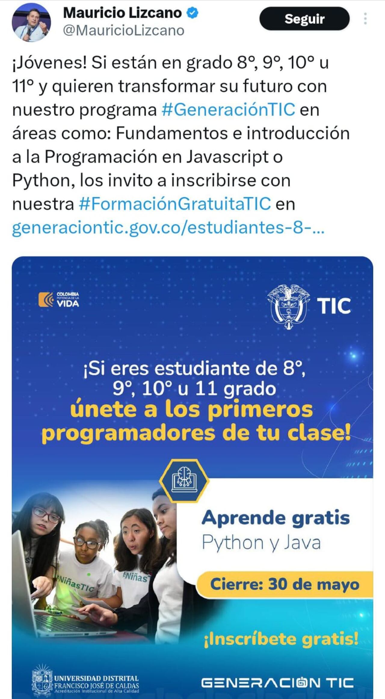 Este fue el mensaje que el ministro de las TIC publicó por medio de sus redes sociales.