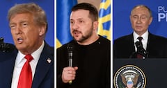 Donald Trump, Volodimir Zelenski y Vladimir Putin, presidentes de Estados Unidos, Ucrania y Rusia, respectivamente.