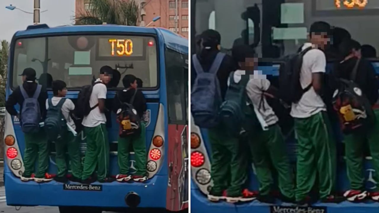 Estudiantes se colgaron de la parte trasera de un MIO sin tener en cuenta el peligro.