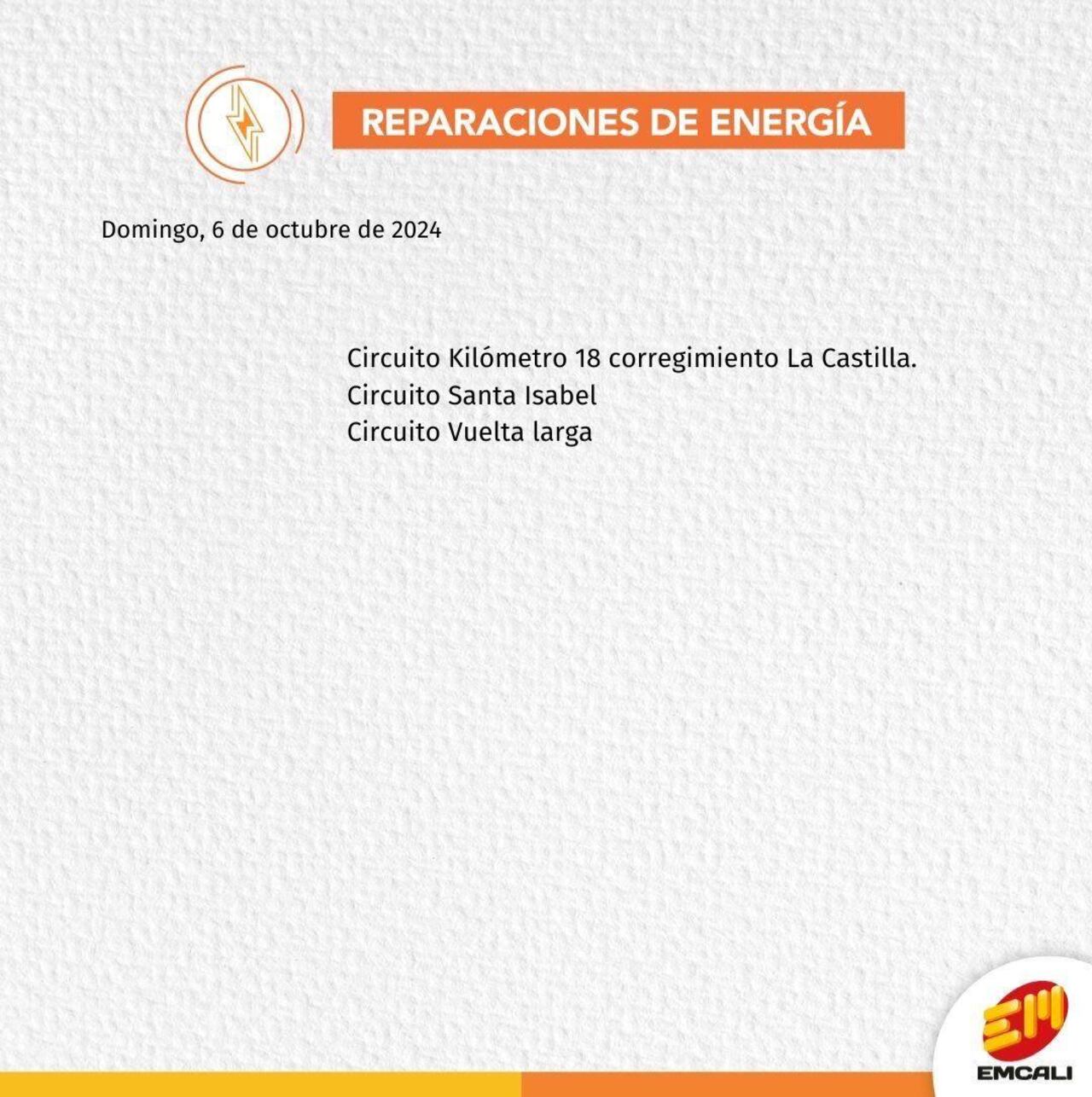 Emcali hará reparaciones de acueducto y de energía este domingo, 6 de octubre de 2024