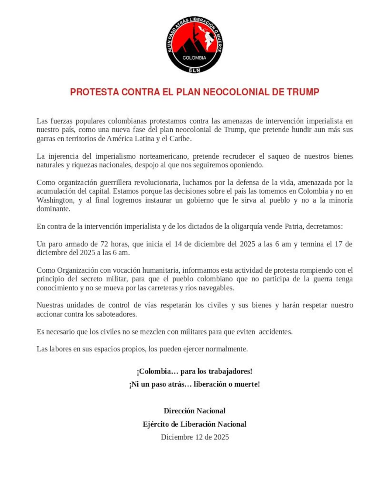 ELN anunció un paro armado de 72 horas.