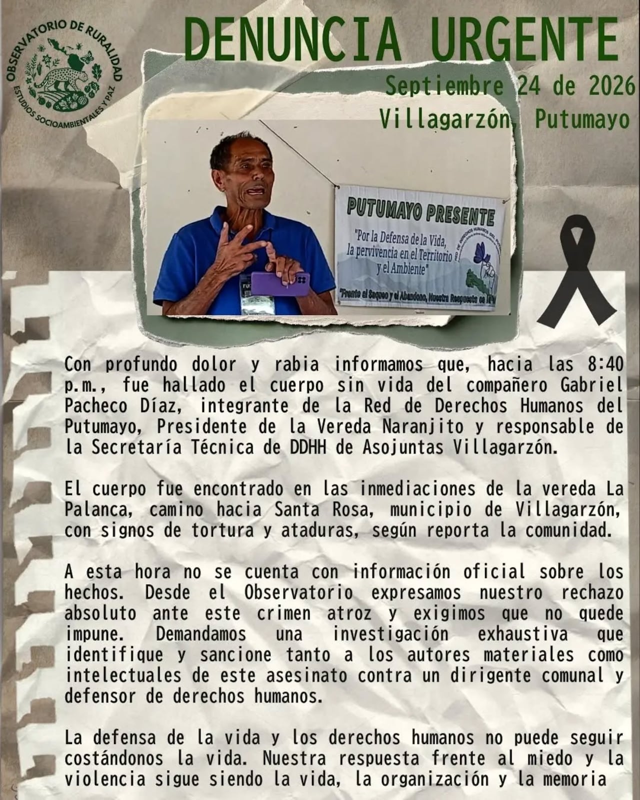 El dirigente comunal fue encontrado sin vida en la vía que comunica los sectores de La Palanca y Santa Rosa, en zona rural de Villagarzón.